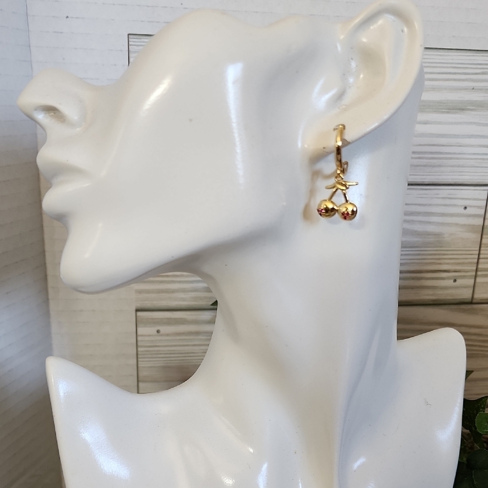 Gold Cherry Dangle Huggie Hoop Earrings - Picture 3 of 8